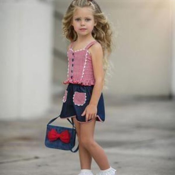 Dollcake Picnic in the Park Sz 6 Red Gingham Top & Shorts Outfit w/ Hair Bow NWO - Picture 6 of 7
